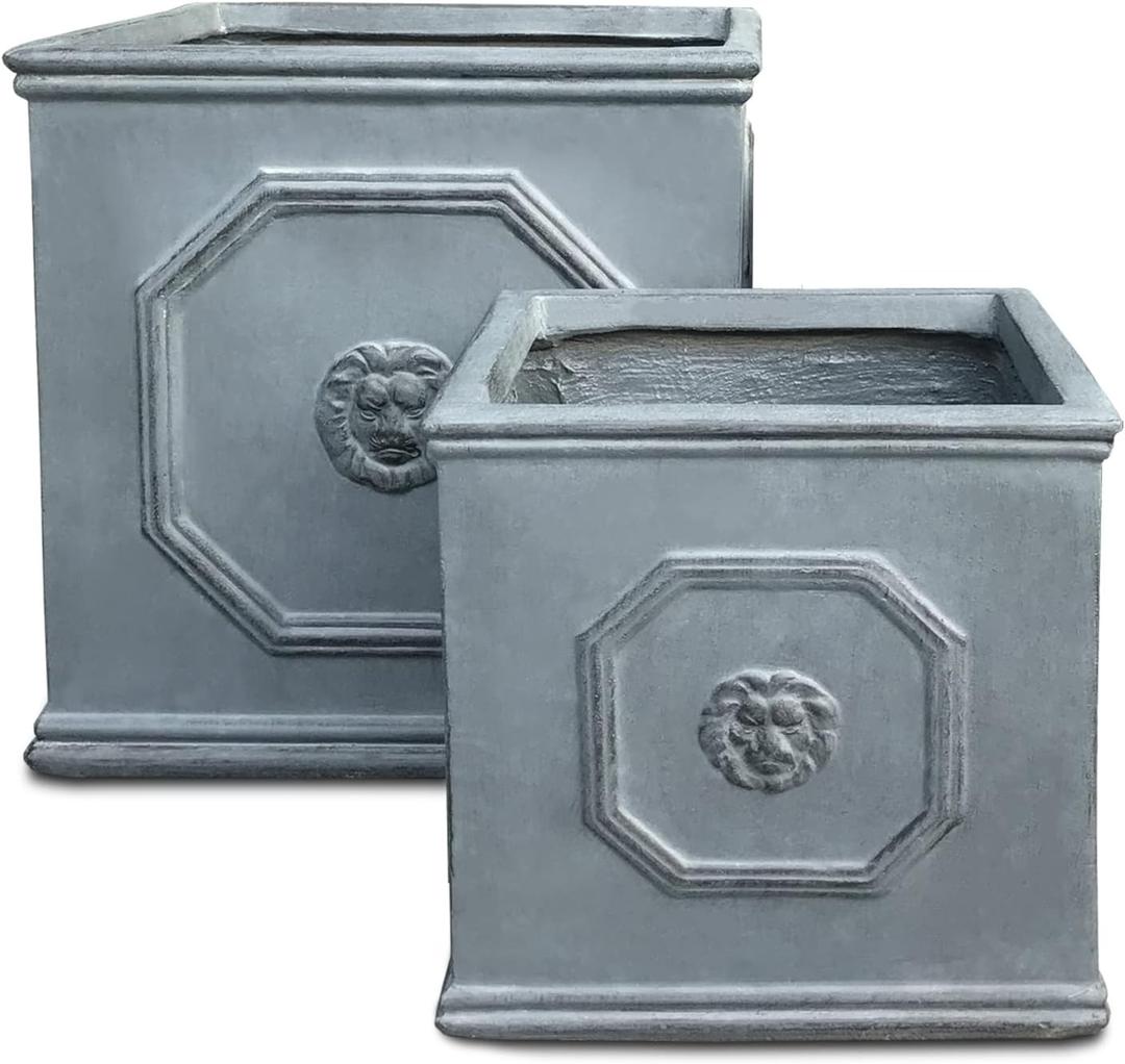 Kante Square Lion Head Concrete Planter Set of 2, Classic English Style Plant Pot with Drainage Hole and Rubber Plug for Indoor Outdoor, 10.2"x10.2"x10.2" and 12.6"x12.6"x12.6" Antique Gray