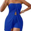 GORGLITTER Women's 2 Piece Outfits Strapless Split Hem Tube Top & Biker Shorts Textured Matching Set Blue, X-Large