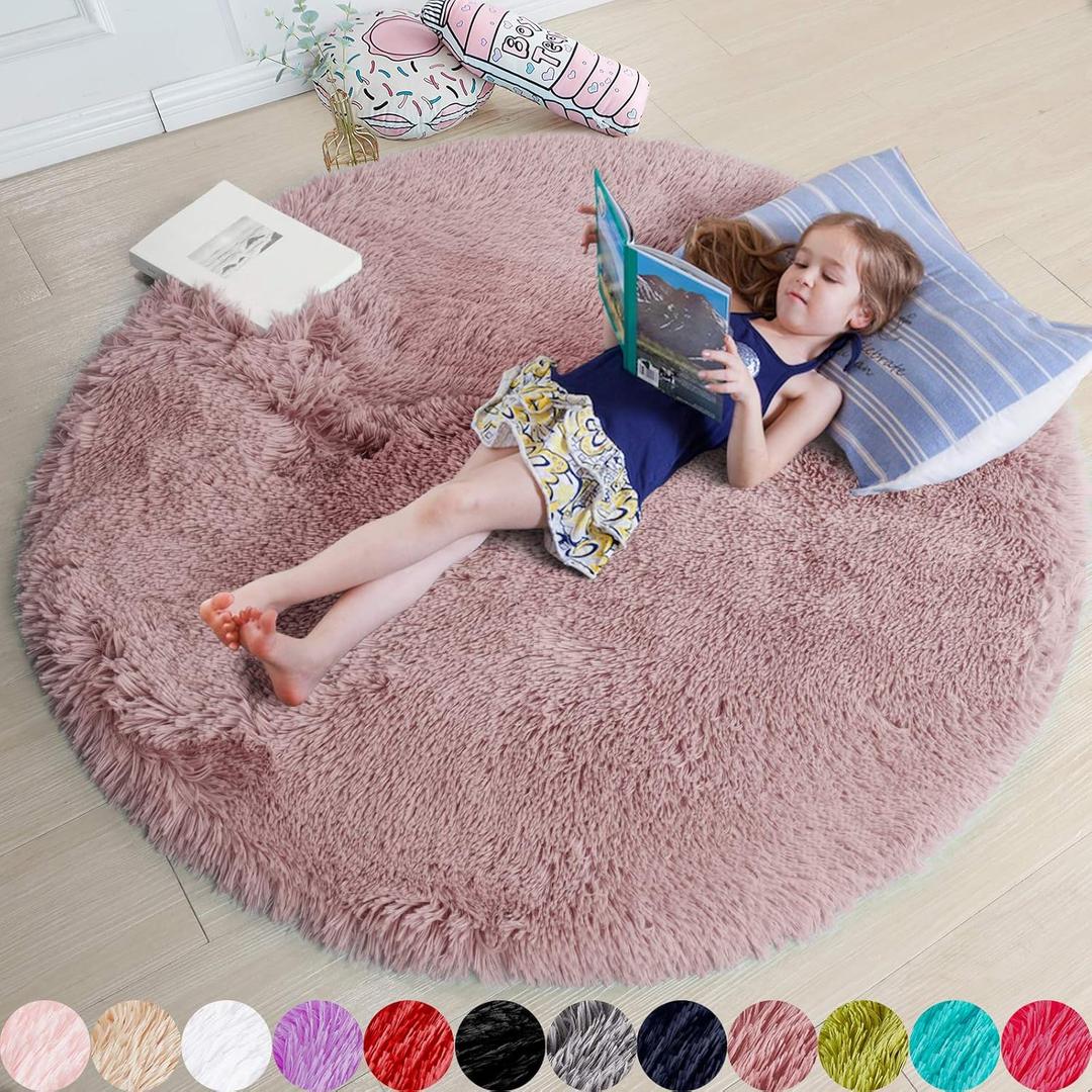 Blush Pink Fluffy Round Rug 5Ft for Bedroom, Fuzzy Plush Circle Area Rugs for Baby Kids Room Decor Aesthetic, Shaggy Circular Carpet for Teen Girls Nursery Dorm Playroom, Cute Dusty Rose Mauve Rug