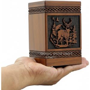 Handcrafted Wooden Cremation Urn for Ashes Premium Polished Wood with Engraved Deer & Forest Design, Celtic Knot Detailing Memorial Urn for Human Ashes, Keepsake