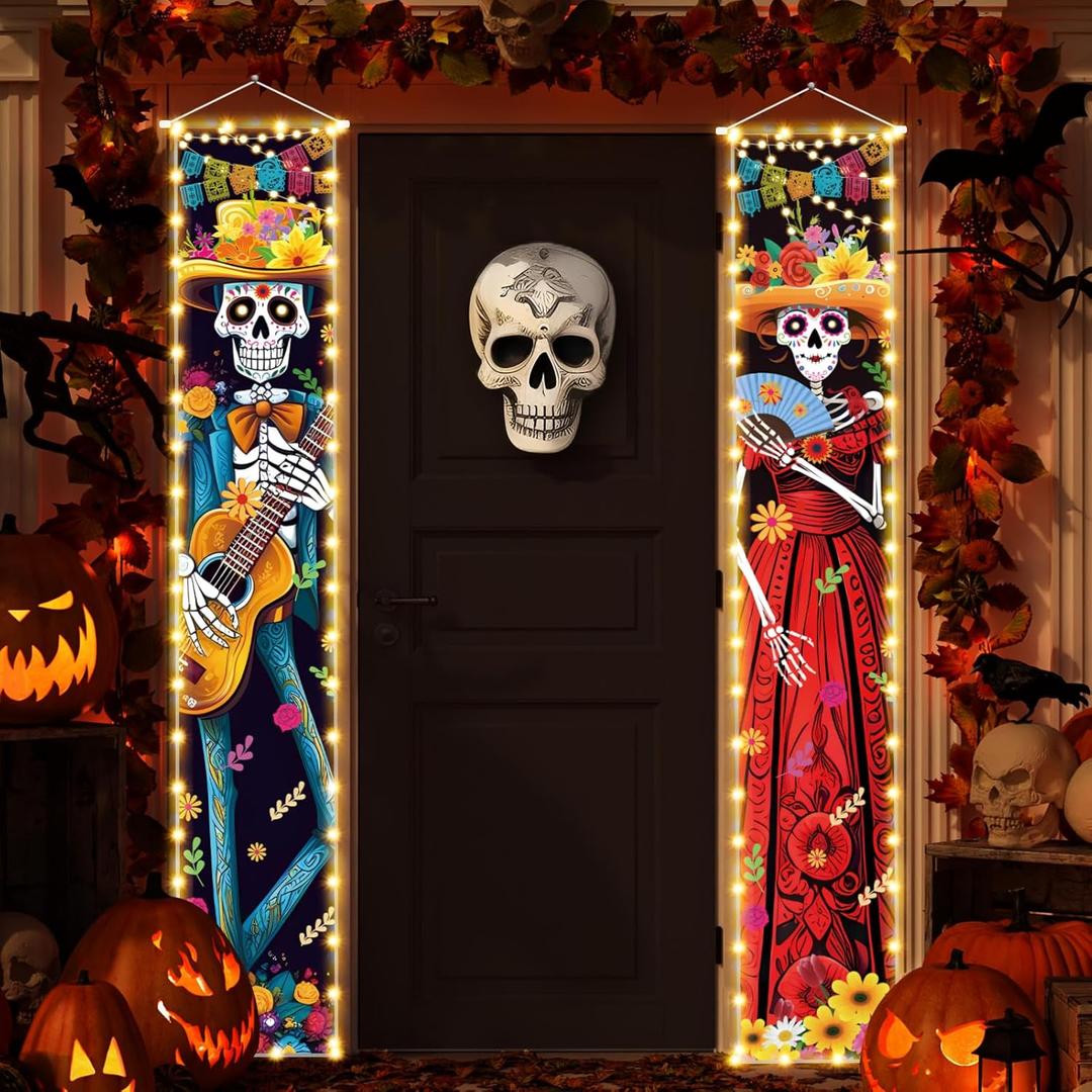 Halloween Decorations Dia De Los Muertos Lighted Porch Sign Banners Halloween Decor Mexico Day of The Dead Porch Signs Banner Indoor Outdoor Wall Door Party Decor Decoration Ornaments