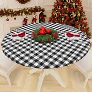 Smiry Round Picnic Tablecloth, Elastic Waterproof Fitted Vinyl Tablecloths for 31"-35" Tables, Flannel Backed Buffalo Plaid Table Cover for Dining, Camping, Outdoor, Black and White