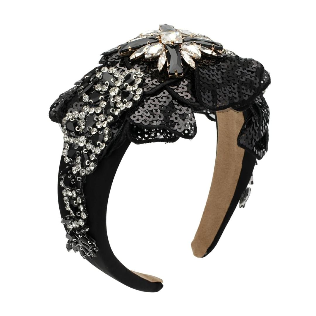 Floral Sequin Headband for Women Big Crystal Flower Bling Bling Sequined Sparkly Elegant Decorative Hairband Hair Accessories (H1092-black)