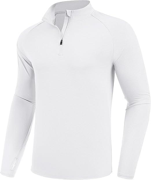 PINSPARK Quarter Zip Pullover Mens UV Protection Shirts Men Rash Guard Long Sleeve Workout Shirts Lightweight for Fishing Surfing White