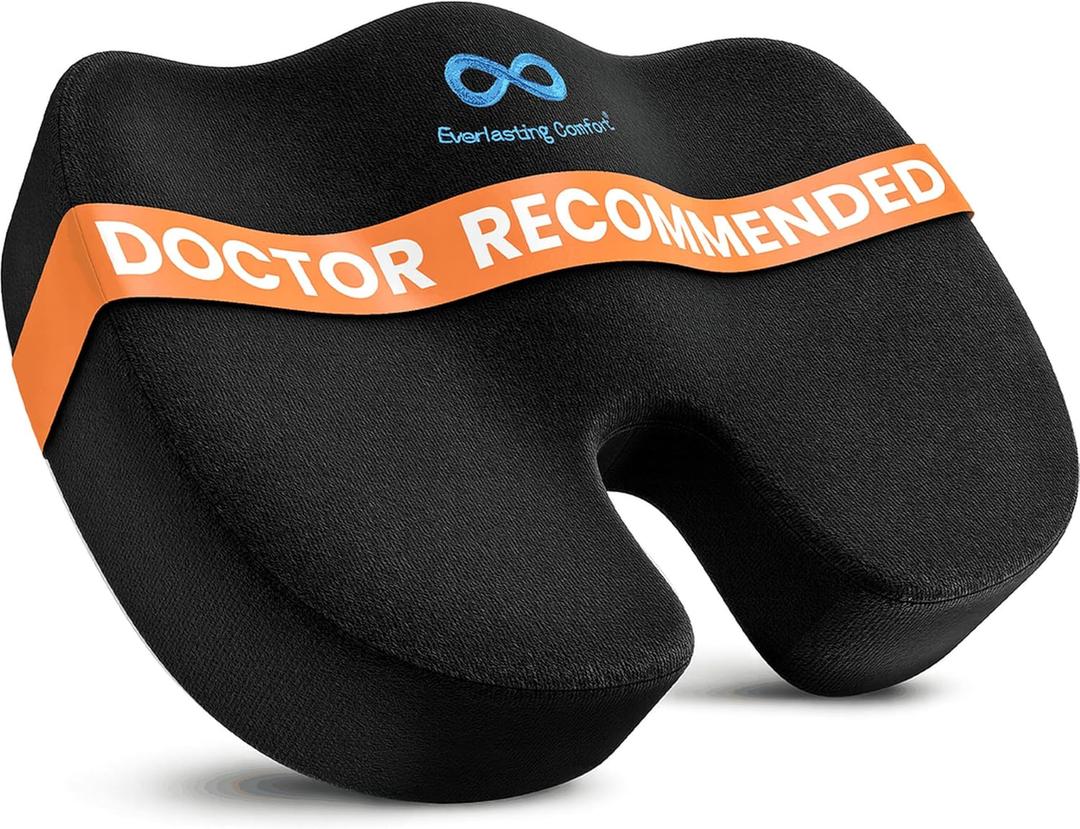 Everlasting Comfort Doctor Recommended Memory Foam Seat Cushion for Office Chairs & Car Seat - Ergonomic Office Desk Accessories for Tailbone Pain Relief, Sciatica & Back Support, Black 