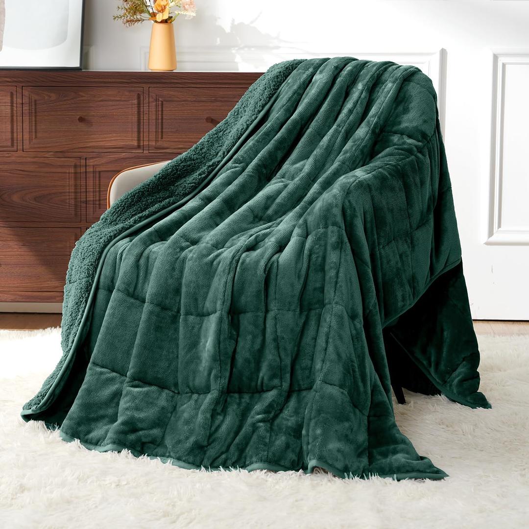 Uttermara Weighted Blanket for Adults, Double Size Heavy Blanket with Reversible Soft Shiny Velour Fleece and Cozy Warm Sherpa for Couch Bed, Calming and Relaxing, 48 x 72 inches 15 lbs in Green