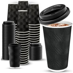 Ginkgo 100 Pack 16 oz Disposable Insulated Coffee Cups with Lids, Paper To-Go Coffee Cups for Coffee Bars, Hot Chocolate, Cocoa, and Hot Tea Drinks - Black