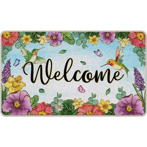 Welcome Spring Summer Flower Decorative Front Door Mat, Hummingbird Morning Glory Floral Doormat Indoor Outdoor Non-Slip Floor Entryway Rug, Daffodil Hyacinth Home Kitchen Decoration 17x29 Inch