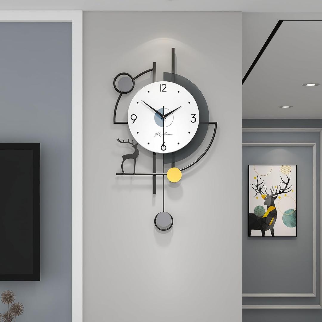 FLEBLE Large Wall Clocks for Living Room Decor Modern Pendulum Wall Clock Silent Quartz Battery Operated Non-Ticking for Bedroom Kitchen Office 24inch Black Metal Deer Clock Wall Decor for Home Indoor, 14*24 in