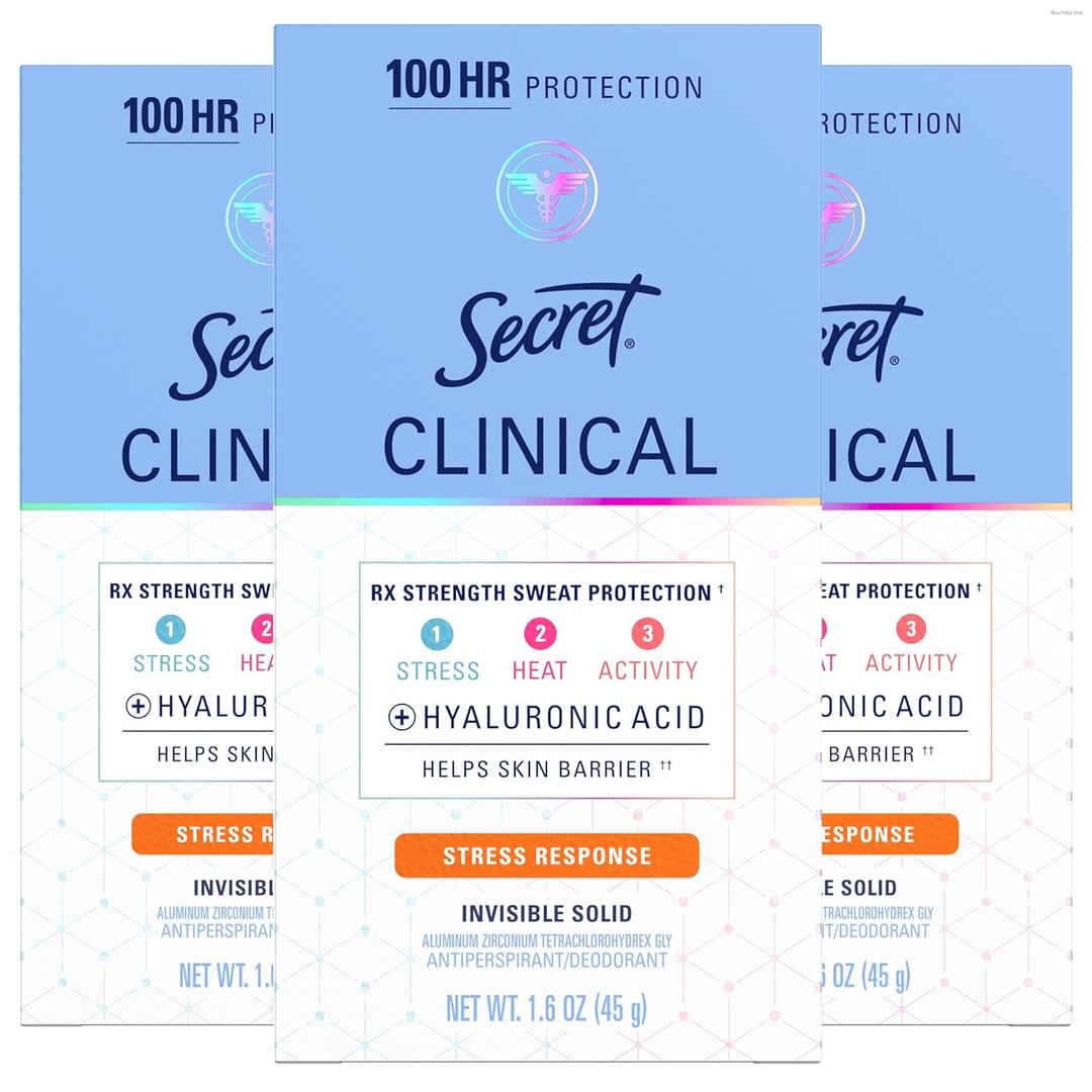 Secret Clinical Strength 100HR Sweat & Odor, Stress Response Invisible Solid Antiperspirant Deodorant for Women, 3X Stress Protection with Hyaluronic Acid, PH Balanced, 1.6 oz (Pack of 3)
