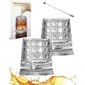 Spinning Whiskey Glasses Set, 360 Degree Rotating Old Fashioned Crystal Tumbler with Unique Relief Base, Rotatable Cocktail Wine Cup for Flavor, Drinking Glassware & Bar Accessories (#D(2pcs))