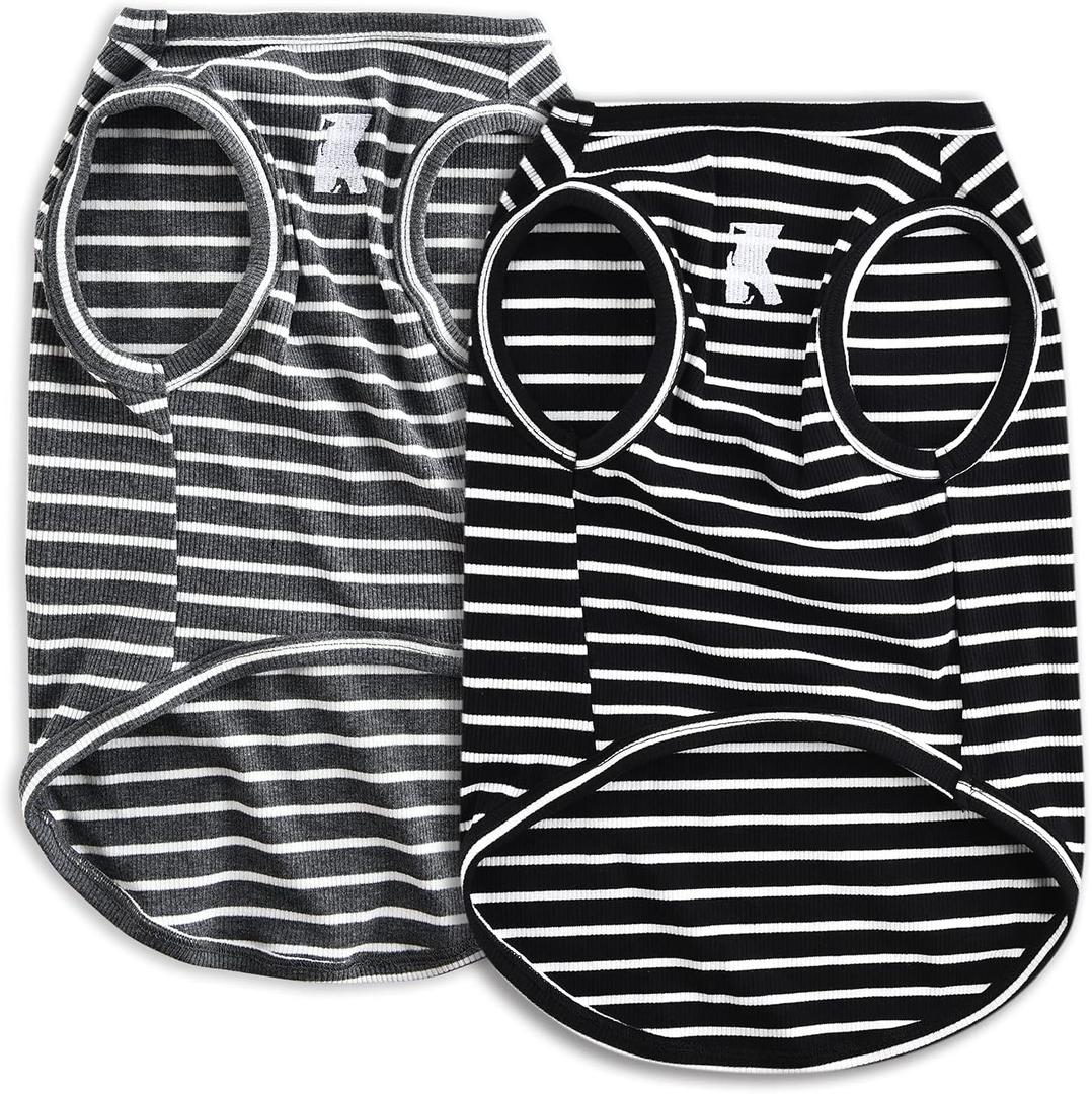 Koneseve Dog Shirt Vest Lightweight Stretchy Dog T-Shirts Soft Cool Shirts Sleeveless Stripe Vests Breathable Clothes for Puppy Kitty Cats Small Medium Large Dogs 2 Pack Black + Grey [ S/Small ]