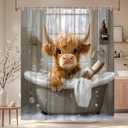 Highland Cow Shower Curtain Funny Bull in Bathtub Bubbles Western Rustic Farmhouse Cattle Cute Calf Wooden Board Watercolor Animal Bathroom Decor Polyester Curtains with Hooks,70Wx70L