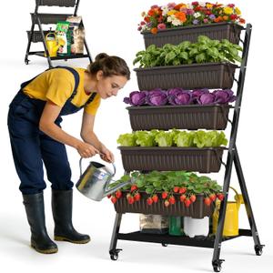5-Tier Vertical Garden Bed Planter Boxes with Wheels, Drainage System & Storage Space, Mobile Vertical Garden Planter with 5 S-Hooks for Plants Vegetables Flowers Herbs in Garden Patio Yard, 25.6 inches x 26 inches x 48 inches