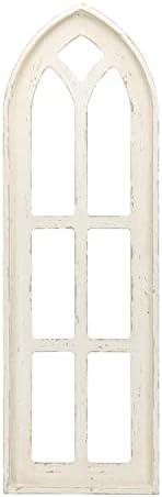Synovana Arched Wooden Window Frame Wall Decoration, Rustic Farmhouse Wood Window Pane Hanigng Art Decor, 36 inches Gothic Cathedral Style Spire Design Wall Mounted Fake Window Decor, Distressed White