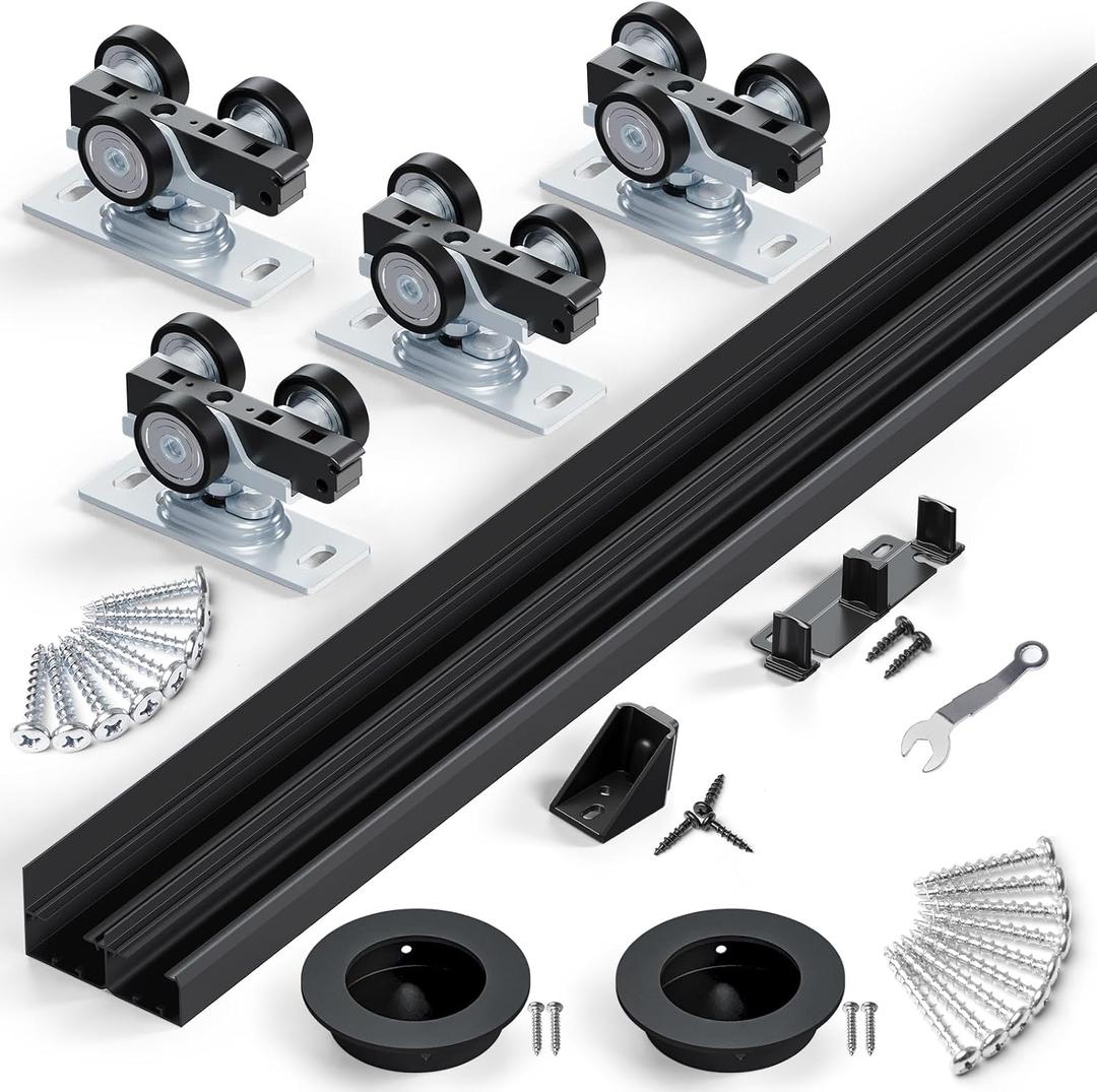 SMARTSTANDARD 60"/5FT Ceiling Mount Bypass Sliding Door Hardware Kit for Cabinet Closet, Double Pocket Doors Hardware with Finger Pull, Smoothly and Quietly, Fit 30.5" Wide Door Panel, No Door, Black