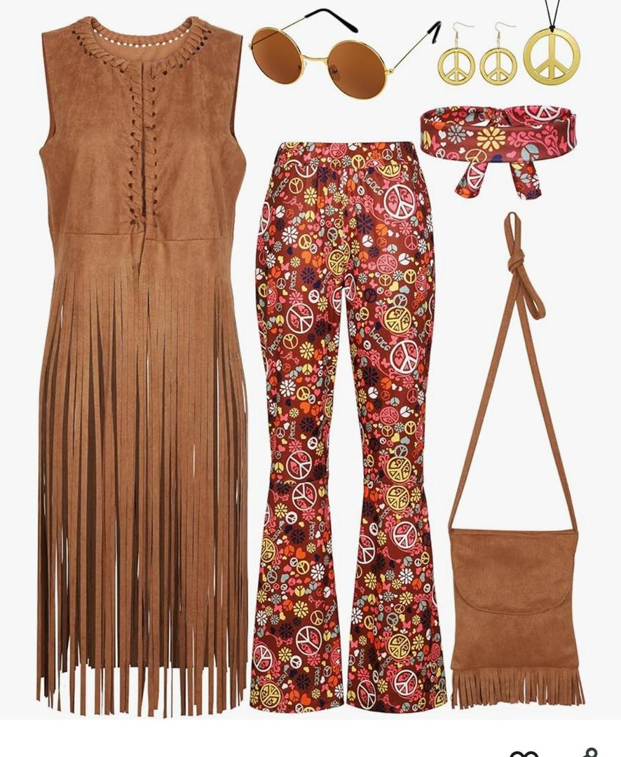 SOMSOC 7 Pieces 70s Women Hippie Costume Fringe Vest Bag Pant Headband for Halloween (XL)