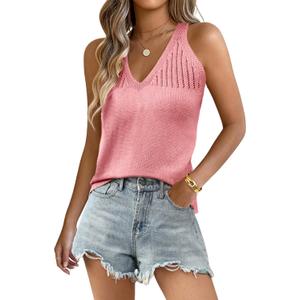 Yeokou Sweater Vest for Women Crochet Tank Top Knitted Tops Camis Tee Halter V Neck Sleeveless Summer Shirts Pullover(Pink-XS)