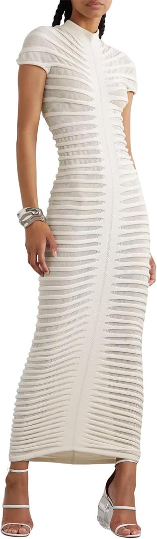 Atyfuniby Womens Sweater Bodycon Dresses Short Sleeve Crochet Knit Tube Sheer Stripe Mock Neck Midi Dress (Large, White)