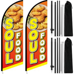 2 Sets 8.2 ft Soul Food Advertising Feather Flag with Pole Kit and Ground Spikes Soul Food Restaurant Swooper Banner Signs for Restaurant Trucks Business