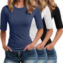 Riyiper 3 Pack Elbow Length Tee Shirts for Women 1/2 Half Sleeve Tops Crewneck Cotton Slim Fit Casual Summer Basic Tee (Small, Black, White, Haze Blue)