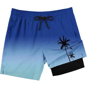 Lzzidou Men Swim Trunks with Compresssion Liner 7 Inch Inseam Board Shorts Bathing Suit with Zipper Pockets (Blue, XXXL)