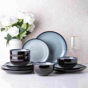 LERATIO Ceramic Dinnerware Sets for 4,Stoneware Coupe Plates and Bowls Sets,Highly Chip and Crack Resistant | Dishwasher & Microwave & Oven Safe Dishes set,Reactive Glaze Dinnerware- Service for 4 (Dreamy Moonlight-Gray White)