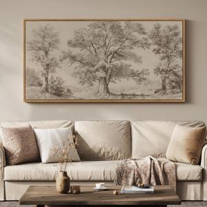 Framed Vintage Landscape Canvas Wall Art for Living Room, Extra Large Horizontal Rustic Tree Botanical Picture Prints Paintings, Neutral Wabi Sabi Artwork Decor for Bedroom Entryway 60x30 Inch, 57"L x 28.5"W