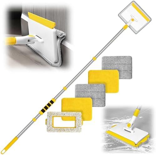 JEHONN Baseboard Cleaner Tool with Handle, 56 inches Base Boards Cleaning Mop Scrubber, 1 Stiff Bristles Brush, 2 Chenille and 2 Microfiber Pads, Wall Duster for Floorboard Ceiling Window (Yellow)