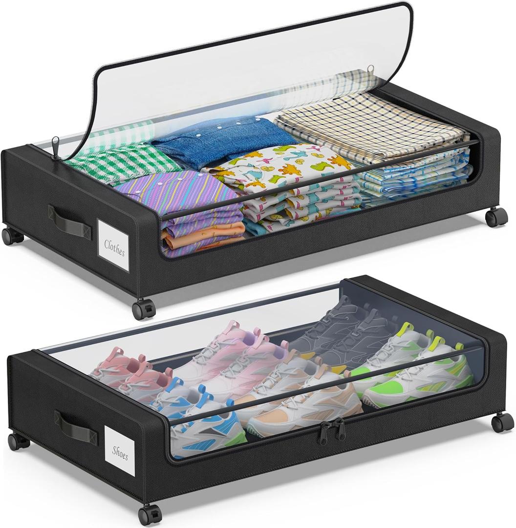 Under Bed Storage with Wheels, 2-Pack Under Bed Storage Containers with Clear Lids, XXL 60L Under the bed storage Organizer Bins, Rolling Under Bed Metal Drawer for Clothes,Shoes,Toys (Black, 2 Pack)