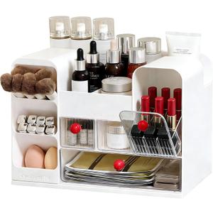 Makeup Organizer for Vanity with Brush Holder, Large Cosmetic & Skincare Organizer Countertop with Muti-Drawers, Cosmetic Display Case for Lipsticks, Nail Polishes, Perfumes, Eyeshadow (white)