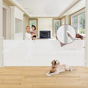 100" Wide Retractable Baby Gate Extra Wide Dog Gates with Reinforced Strip - Prevent Crawling Under Retractable Pet Gate Outdoor/Indoor Dog Gate, Mesh Gate Wide Baby Gates for Large Openings, White