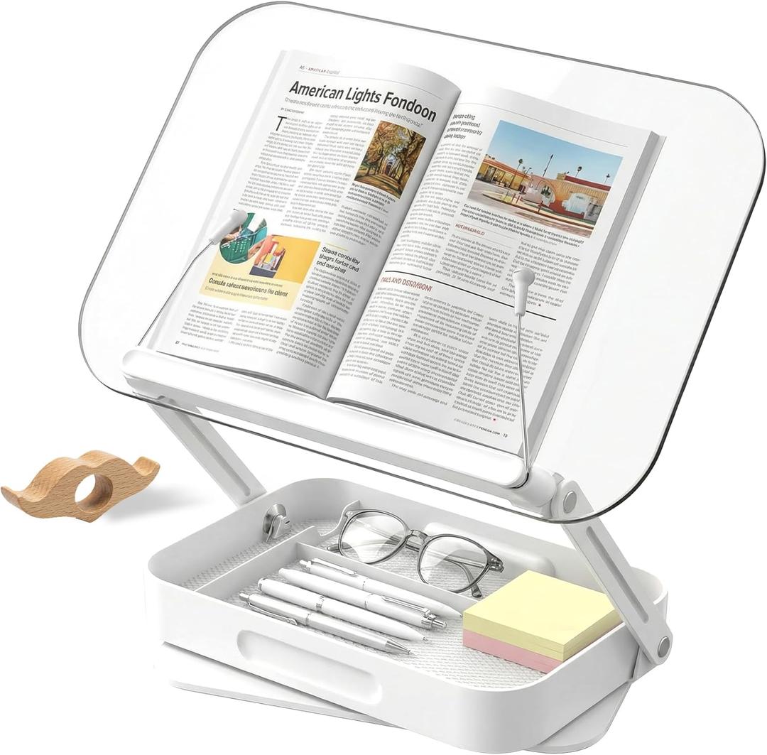 Book Stand for Reading, Acrylic Adjustable Book Holder with Book Page Holder, 360Cookbook Stand with Storage for Kitchen Counter, Hands Free Recipe Book Holder for Textbook Cookbook, Clear