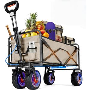 Electric Collapsible Garden Wagon Cart with Wheel,Rolling Foldable Metal Utility Wagon Carts,100w Power and 300lb Capacity, Portable for Camping,Sports,Shopping,Groceries,Laundry (Beige)