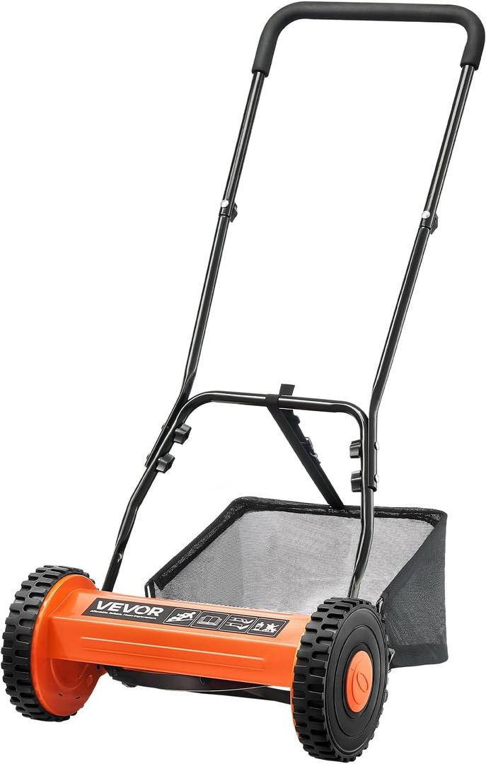 VEVOR Push Reel Lawn Mower 14 inch, 5 Blades Manual Push Mower No Motor, 0.6-1.75 in Adjustable Cutting Height, Walk-Behind Lawn Mowers with Grass Catcher Bag for Green Lawns, Driveways, Courtyards, Orange/Black 