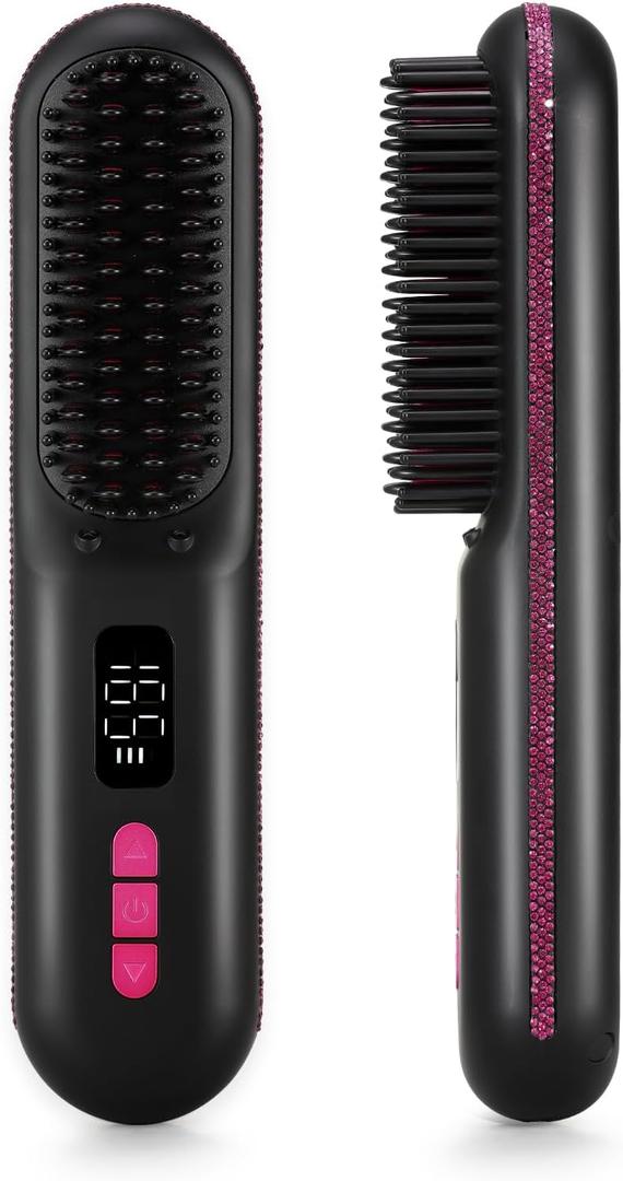 Hair Straightener Brush, Portable Cordless Mini Straightening Brush for Travel, Negative Ion Hot Comb Hair Straightener with 9 Temps for Women, Anti-Scald Ceramic, Fast Charge (A-black With Rose Red)