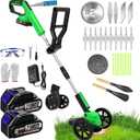 Electric Weed Wacker Eater Cordless, Weed Wacker Battery Powered, Weed Trimmer with 2X 2.0Ah Battery Operated & 25 Blades & Wheels, 3 in 1 No-String Grass Trimmer/Brush Cutter/Edger for Garden Yard