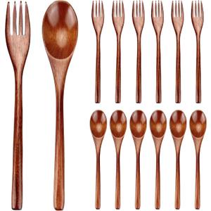 12 Pieces Wooden Forks and Spoons for Eating Utensil Set Lunch Wooden Cutlery Japanese Silverware Sets Flatware Reusable Bamboo Small Utensils Korean Mini Wooden Spoon Fork Set