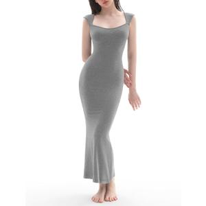 PUMIEY Women's Square Neck Cap Sleeve Maxi Dress Ribbed Bodycon Dress Summer Dresses for Women (Gray, L)