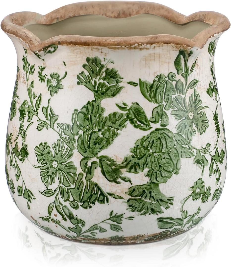 Newtay 6 Inch Ceramic Planter Green Scroll Planter Decorative Plant Pots with Crackle Glaze for Home Garden Kitchen