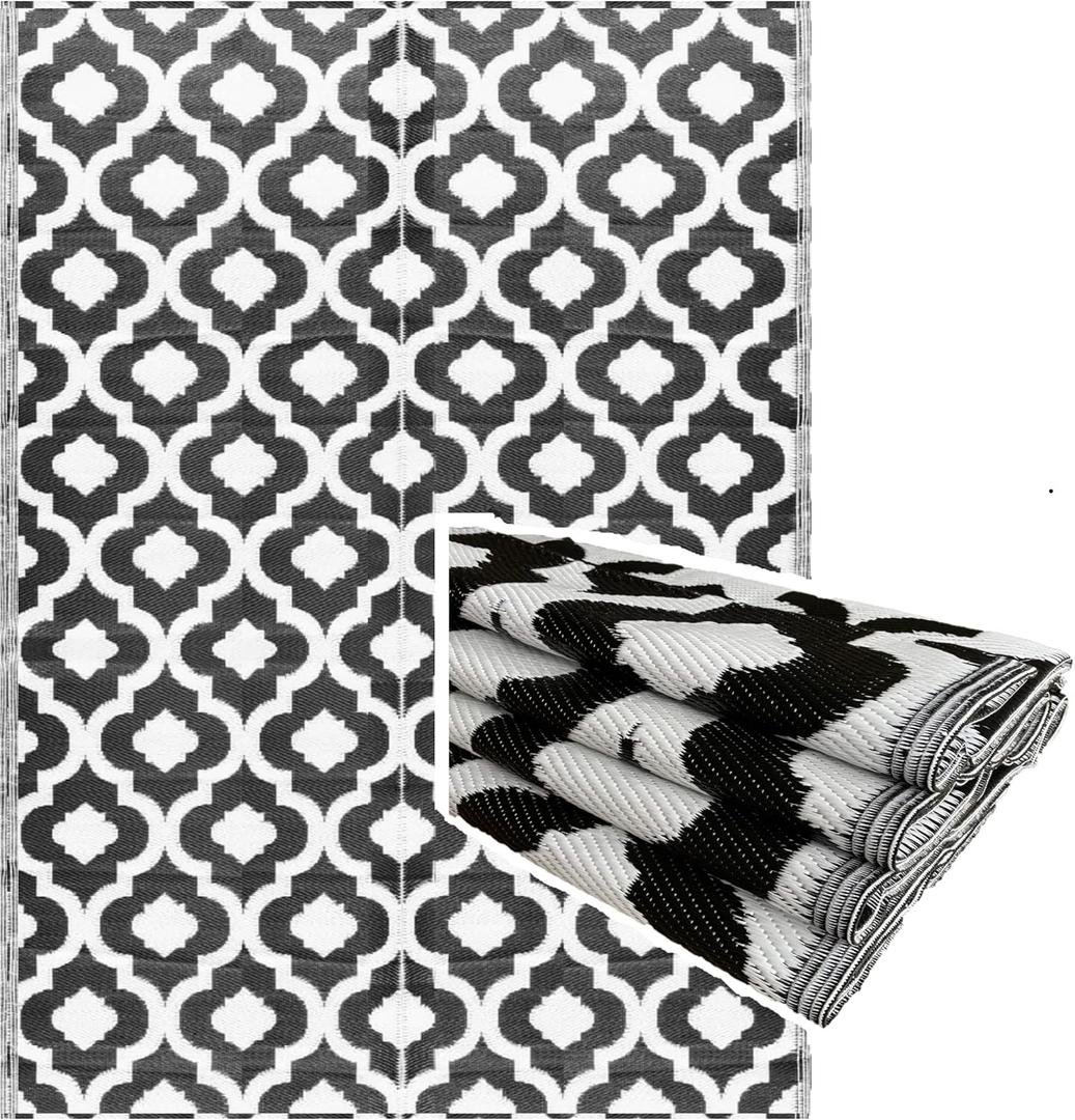 BalajeesUSA Outdoor Plastic Rugs - 6x9 Black, Reversible Recycled Plastic Straw Indoor Outdoor Patio Rugs Clearance Waterproof Large RV Camper Mats Outside 521