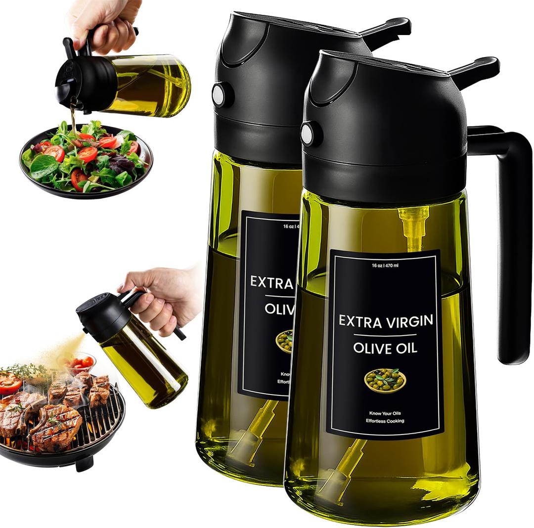 CXINYI - 16oz/470ml Olive Oil Dispenser for Kitchen with Stickers - 2 in 1 Olive Oil Sprayer for Cooking, Air Fryer, and Salad, 2 Black (Light-Proof Kitchen Gadget)
