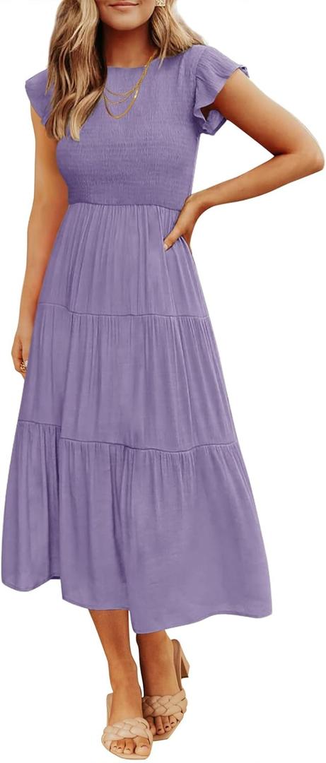 ZESICA Women's 2025 Summer Casual Flutter Short Sleeve Crew Neck Smocked Elastic Waist Tiered Midi Dress (X-Large, Violet)