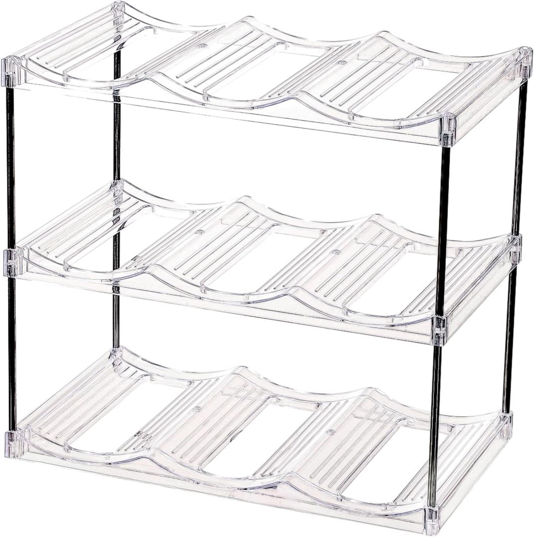 IEEK 3 Tier Stackable Wine and Water Bottle Holder Free-Standing Fridge Wine Bottle Organizers Clear Plastic Water Bottle Holder for Cabinet, Refrigerator,Pantry, Kitchen Countertops, Holds 9 Bottles