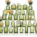 Glass Bud Vases Set of 32 - Green Assorted Small Mini Glass Vases for Flowers, Crystal Vintage Vase Set, Bulk Centerpieces for Table Dcor, Wedding, Home and Events (Green, 32 Pcs)