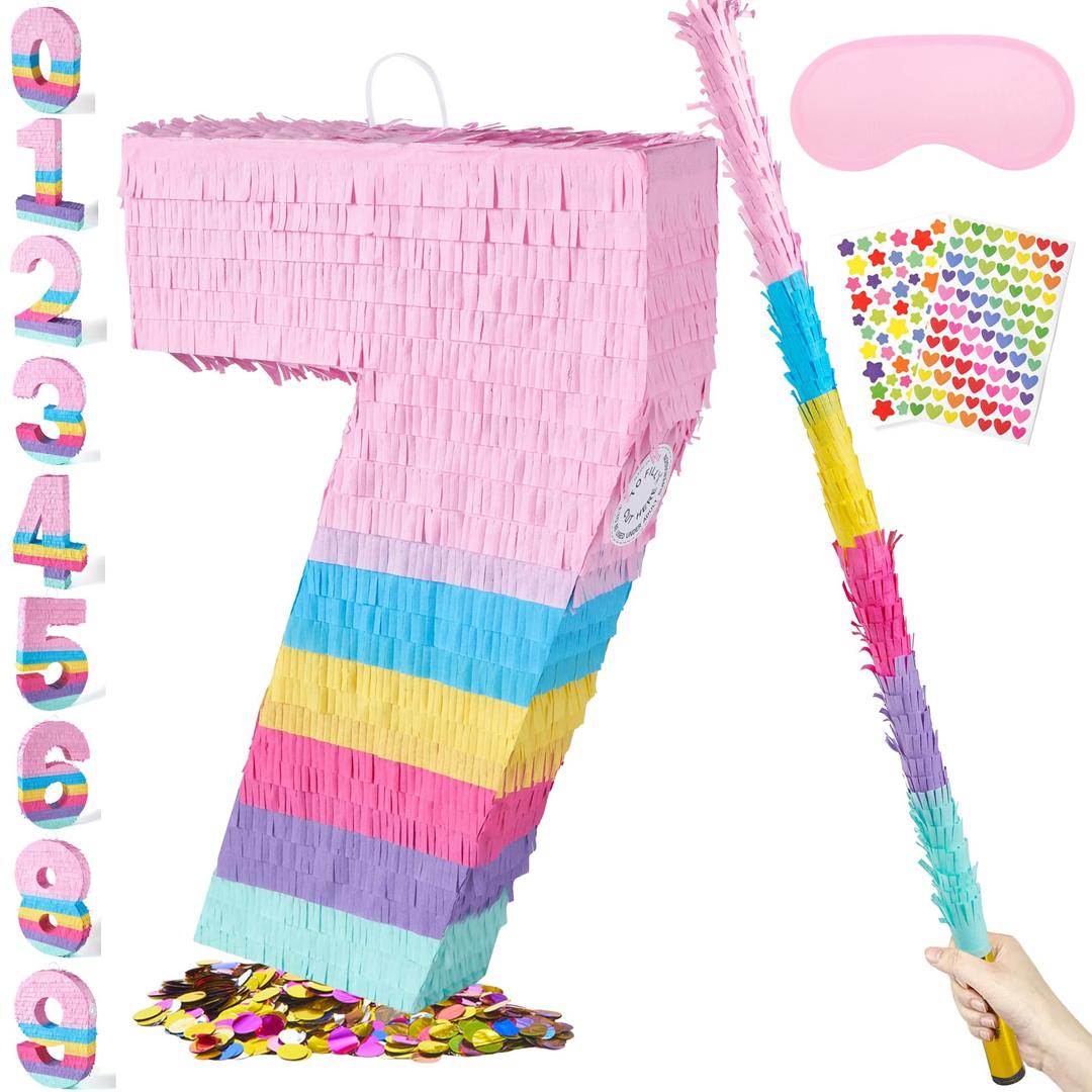 PCFING 20 Inch Number 7 Piñata Candy Color with 30 Inch Piñata Stick Blindfold Confetti for Boys Girls Adults Birthday Party Decorations, Anniversary Celebration, Fiesta