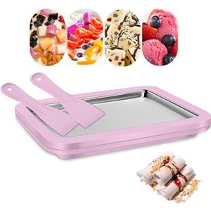 Ice Cream Sorbet Maker Frozen Yogurt Machine, Instant Cold Roller Pan Plate with 2 spatulas, Home Made Soft Ice Cream Milkshake Gelato Fruit Smoothie (Medium Pink)