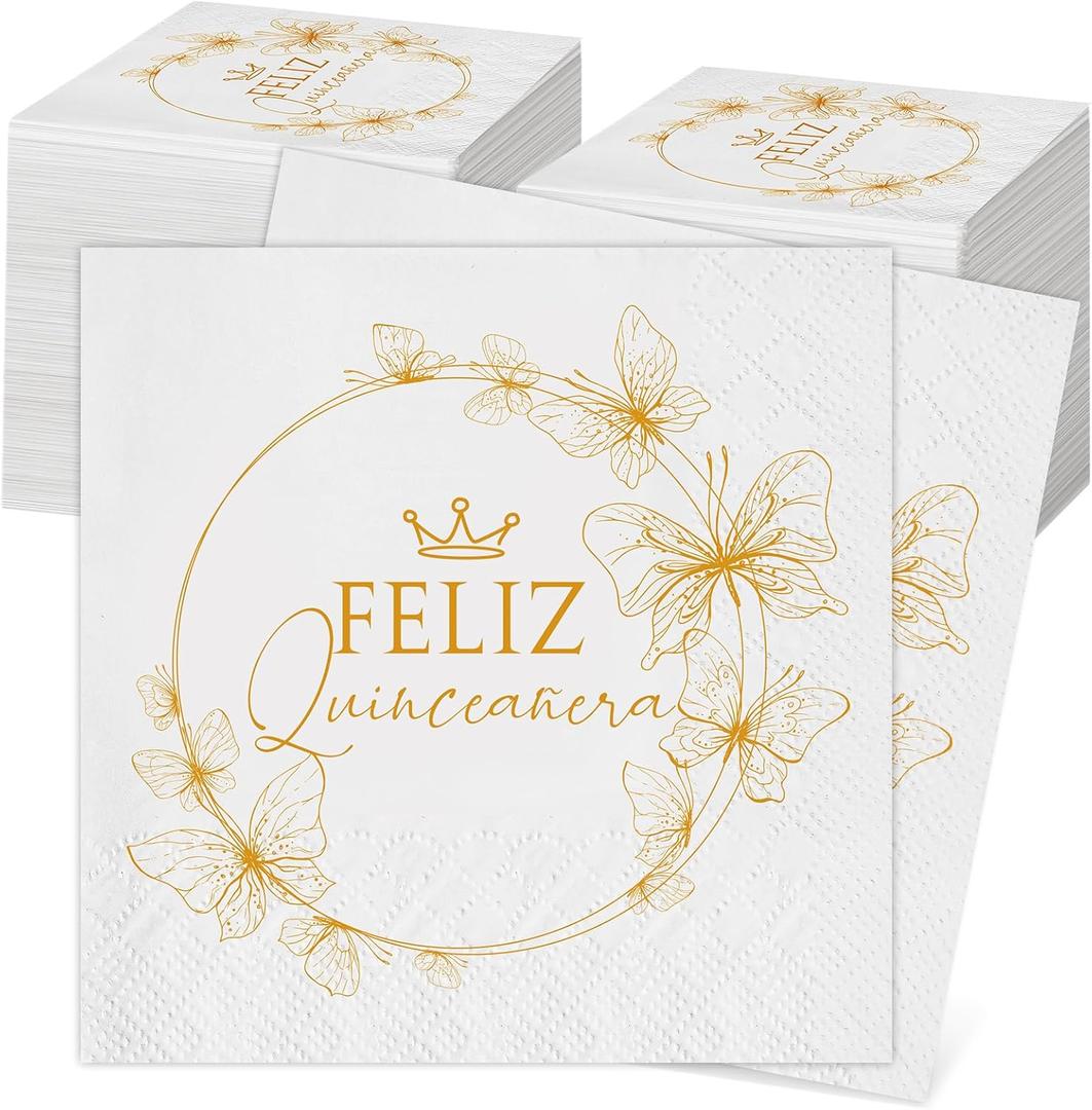 Kosiz 100 Pcs Mis 15 Quince Girls 15th Birthday Party Cocktail Napkins Unfolded 9 x 9'' 3 Ply Quinceaera Disposable Decoration Paper Table Supplies for Christmas Quinceaera Party Favors Guests, Gold