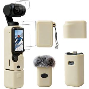 Case for DJI Osmo Pocket 3/Xtra Muse Camera, Soft Silicone Protective Case, Anti-Scratch, Slim Fit Skin with mic Cover and Screen Protector Accessories for Osmo Pocket 3/Xtra Muse (Beige)