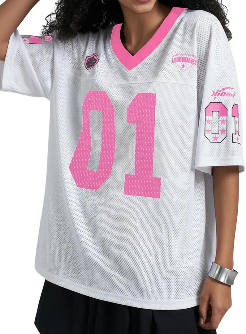 Women's Number Print Mesh Oversized Jersey Shirts Striped Trim Half Sleeve Baggy Camo Graphic Tees (L)